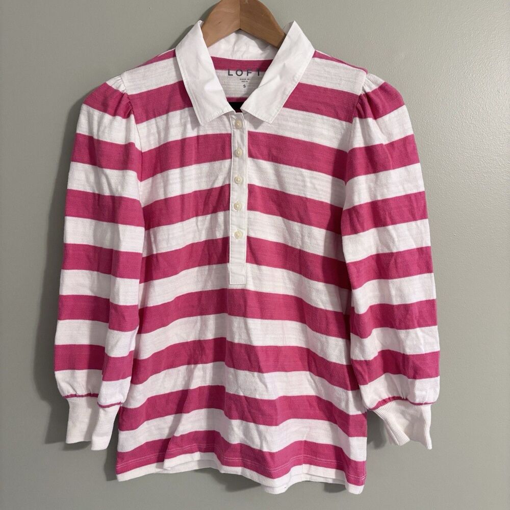 Loft Shirt Womens S Striped Rugby Collared Long Sleeve Polo Top Preppy Blokecore